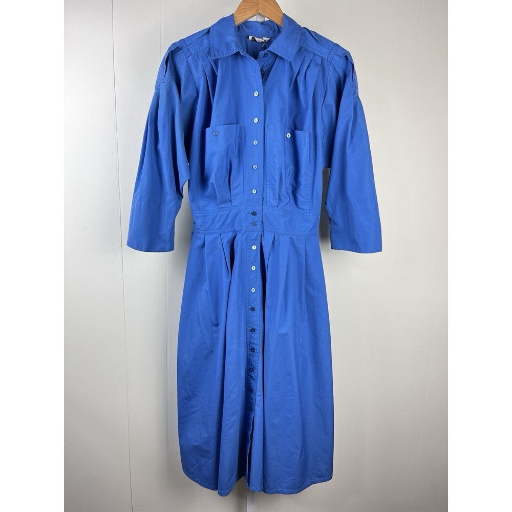 Vintage 80s Sunshine Starshine Midi Dress Blue‎ Pockets Womens Medium ?